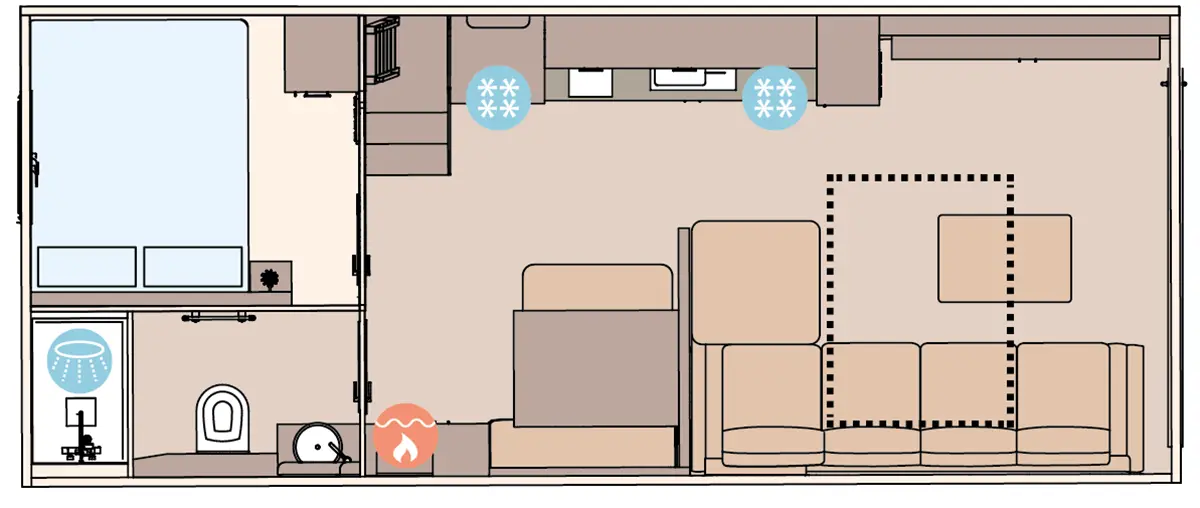 The Getaway 32ft x 13ft 1 bedroom (double bed option) floorplan